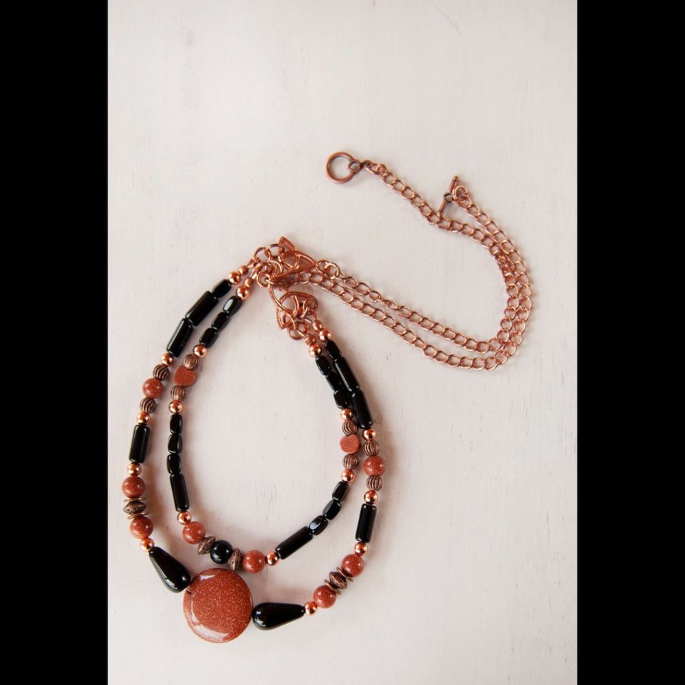NEW Handmade- Necklace of Goldstone, Copper Tone Metal and Black Glass Beads - Picture 2 of 8